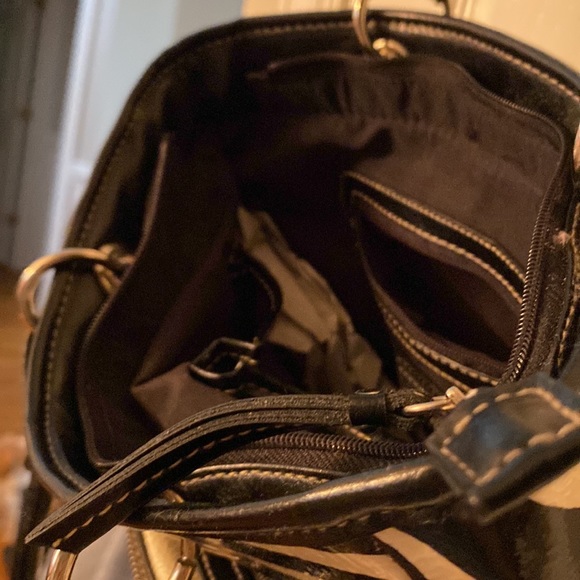 Strada handbag with black and cream zebra print. Two zippered pockets on front. - Picture 9 of 10